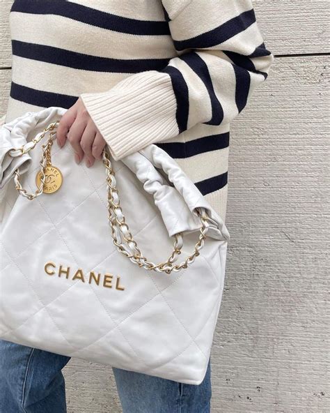 chanel tote white stitching|Chanel white bag price.